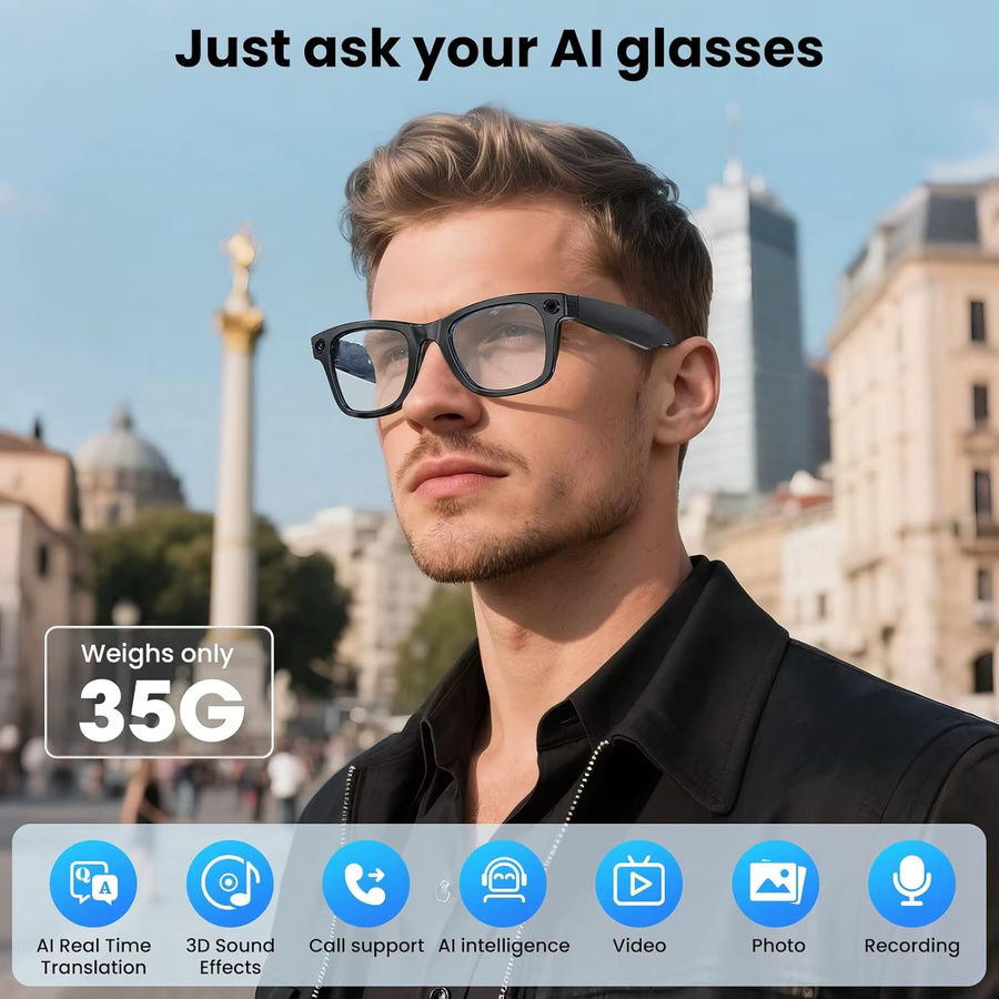 GUHUAVMI Smart Brille mit Kamera und AI Foto Erkennung in Schwarz für Videoaufnahme, Anrufe und Sprachübersetzung - Bild 3
