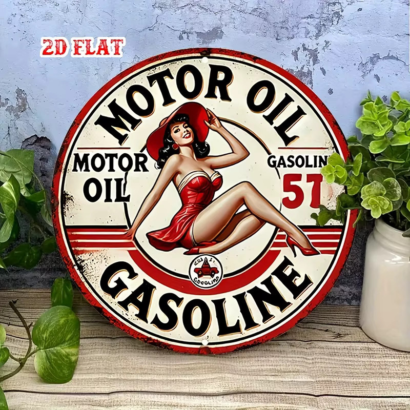 Potdemiel Vintage Metallschild rund mit Pin-Up Girl Motiv, Retro Benzin Werbung Poster aus Aluminium, Durchmesser: 20 cm, Mehrfarbig - Bild 6