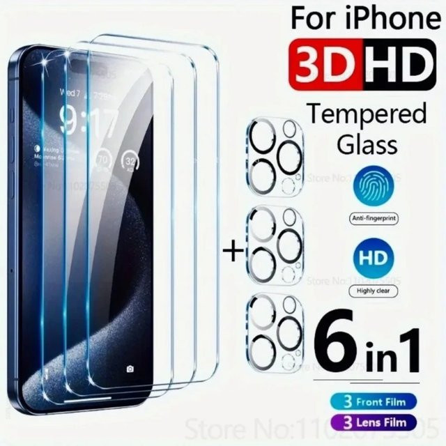 6-teiliges Schutzset für iPhone mit 3 transparenten Panzerglas-Displays und 3 Objektivschutzfolien - Bild 1
