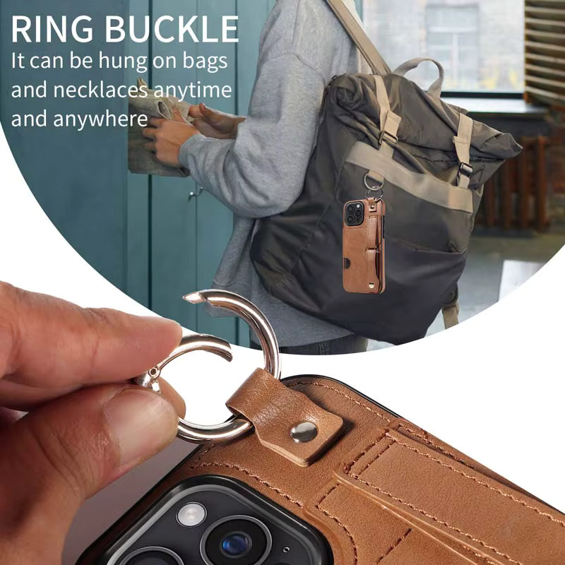 Leder-Handyhülle mit Handgelenkschlaufe und Ring für iPhone Modelle in Pink mit Kartenfach und Wallet-Funktion - Bild 5