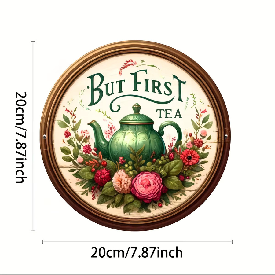Rundes Metallschild Potdemiel Vintage But First Tea mit floralem Design, Durchmesser: 20,3 cm, Mehrfarbig - Bild 2
