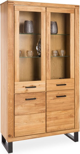 Vitrine Ewen aus Wildeiche in Braun mit Glastüren und Regalböden, H x B x T: 200 x 110 x 40 cm - Bild 1