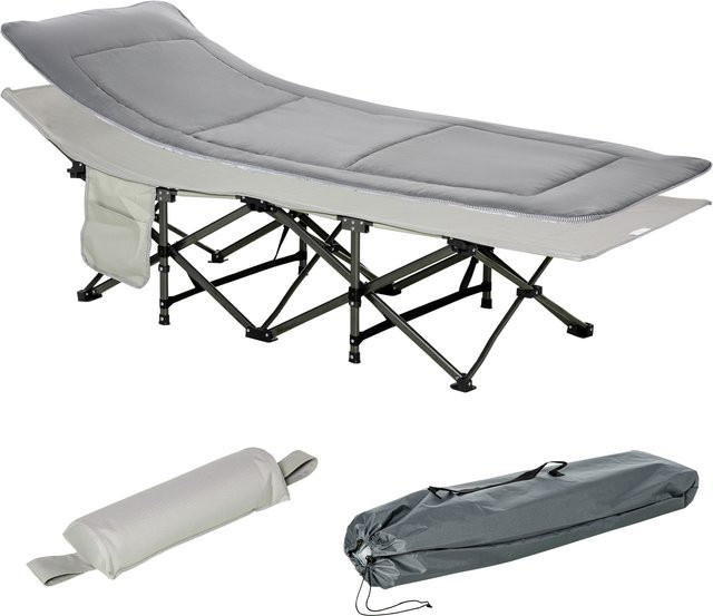 Outsunny Klappbares Campingbett mit Kopfkissen und Seitentaschen in Hellgrau, belastbar bis 150 kg - Bild 1