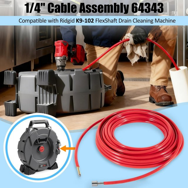 Ridgid Flexschlauch 1/4 Zoll (6mm) Kabelkonfektion 64343 mit Schutzmantel und Kupplung in Rot für Ridgid K9-102 Abflussreinigungsmaschine, Länge: 15,24 m - Bild 1