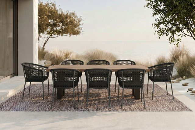 OUTFLEXX Bob/Zui Garten-Essgruppe aus Aluminium, recyceltem Teak und Rope in Anthrazit/Dunkelgrau mit 8 Sesseln und Polstern, B: 220 cm, T: 100 cm - Bild 1
