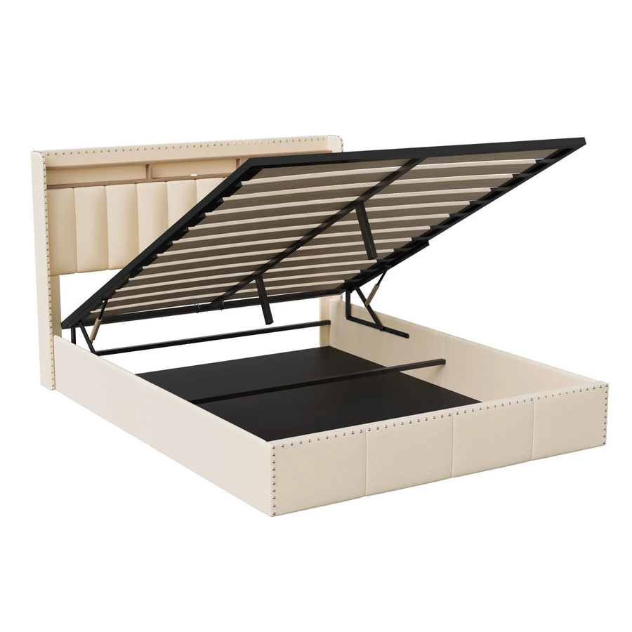 PXloue Polsterbett aus Samt in Beige mit LED-Beleuchtung, USB-Anschluss und hydraulischem Stauraum, B/T/H: 141 x 200 x 112 cm - Bild 2