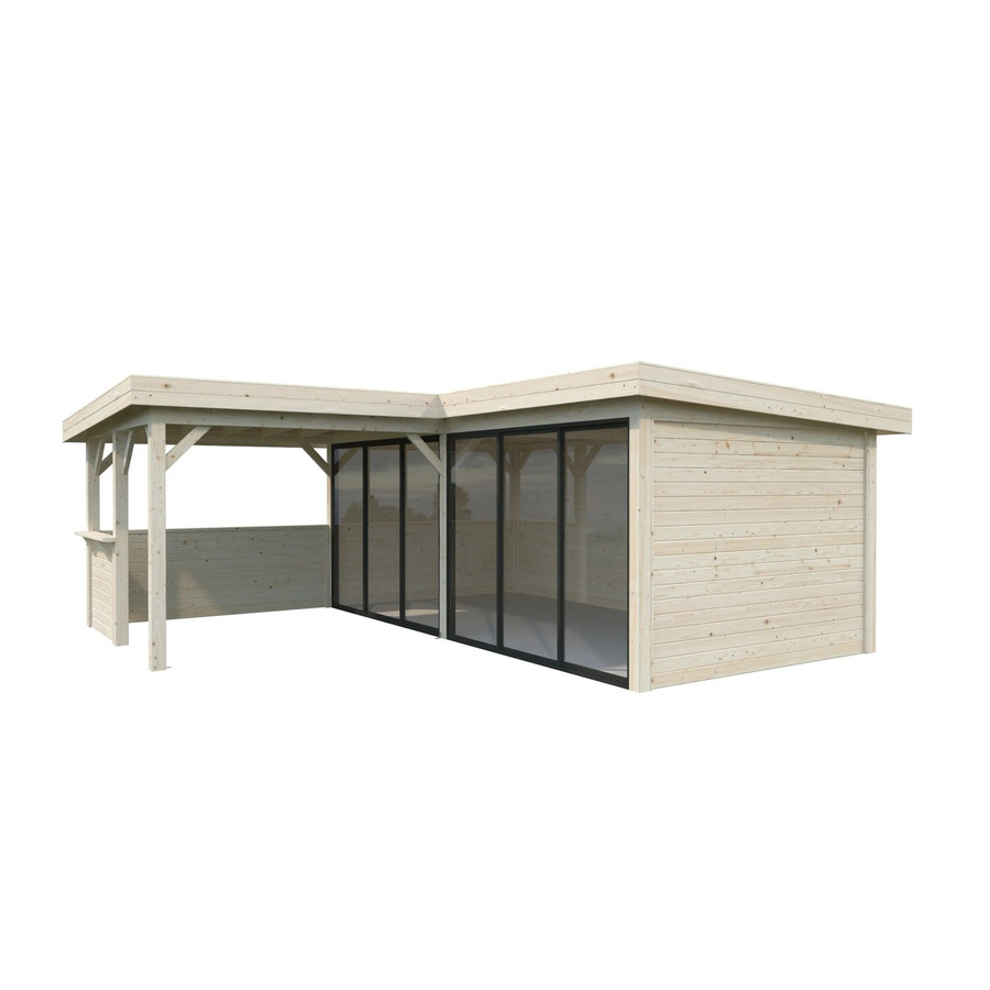 Palmako Pavillon Lenna Set 422 Slide aus Fichtenholz in Braun mit transparenten Alu-Schiebetüren, PZ-Schloss und Eck-Tresenanlage, B/T/H: 588 x 588 x 245 cm - Bild 2