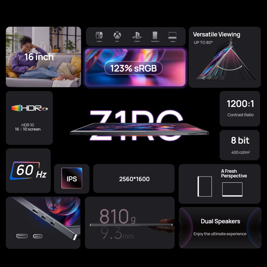 Arzopa Z1RC Tragbarer Monitor 16 Zoll mit 2K QHD IPS-Bildschirm, Schwarz, USB-C und Mini HDMI für Laptop, PC, Mac und Konsolen - Bild 2
