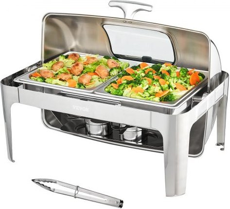 VEVOR Chafing Dish mit Rolltop-Deckel aus Edelstahl in Silber, 8,5 l Fassungsvermögen mit Glasdeckel und Brennstoffhalter - Bild 1