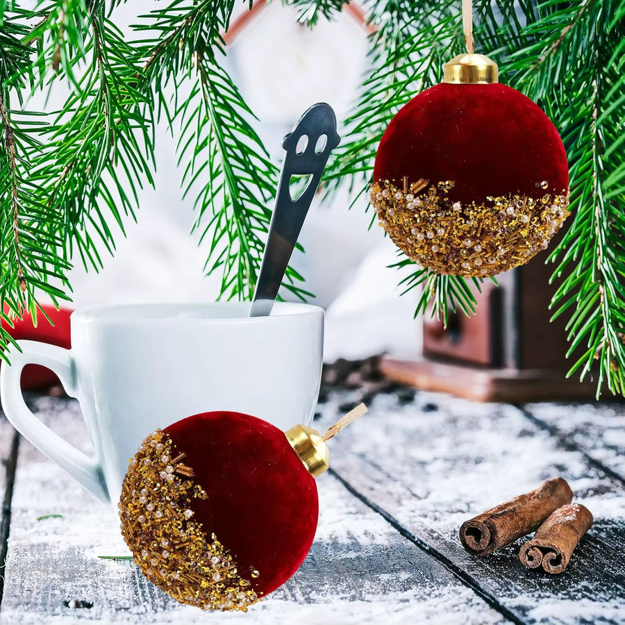 Rote Weihnachtskugeln mit Glitzer-Pailletten und Samt-Dekoration für deinen Weihnachtsbaum, Durchmesser: 7,6 cm - Bild 3