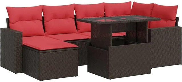 vidaXL 7-teilige Garten-Sofagarnitur in L-Form aus braunem Poly-Rattan und Akazie mit UV-beständigen Kissen - Bild 1