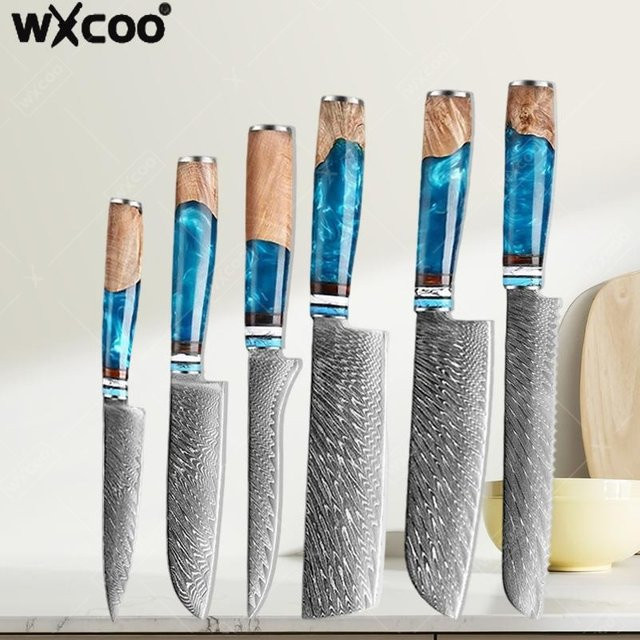 WXCOO Professionelles Küchenmesser-Set aus VG10-Damaststahl mit blauem Harzgriff inklusive Kochmesser, Obstschäler, Fleischbeil und Ausbeinmesser - Bild 1