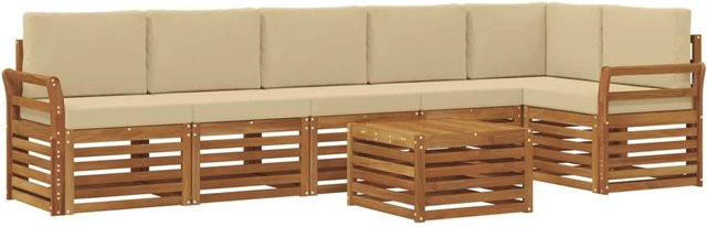 vidaXL Sofagarnitur 7-teilig aus Akazie Massivholz in Natur und Beige mit L-Form und Polsterkissen - Bild 1