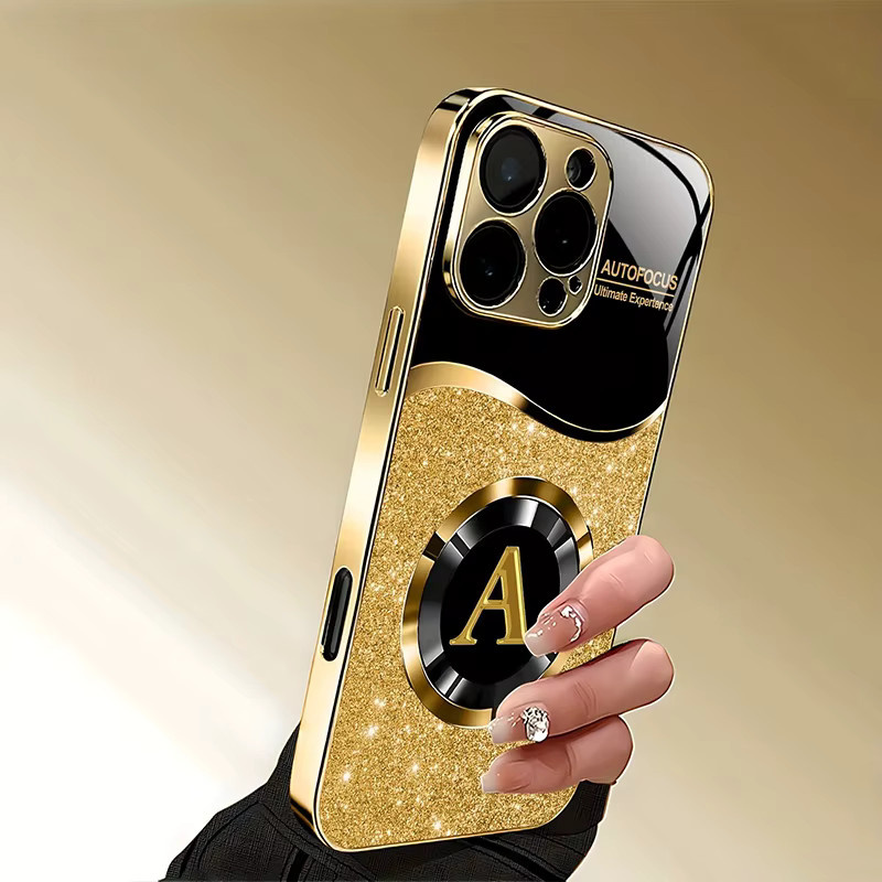Gold Metallic Lack Glas Handyhülle mit glänzendem Buchstaben-A-Muster für Apple iPhone 11 12 13 14 15 16 17 Pro Max Plus Air 16E - Bild 5