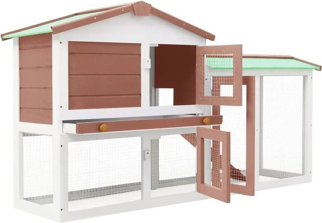 vidaXL Großer Kaninchenstall aus lackiertem Tannenholz und Sperrholz, Braun und Weiß, B/T/H: 145 x 45 x 85 cm - Bild 1