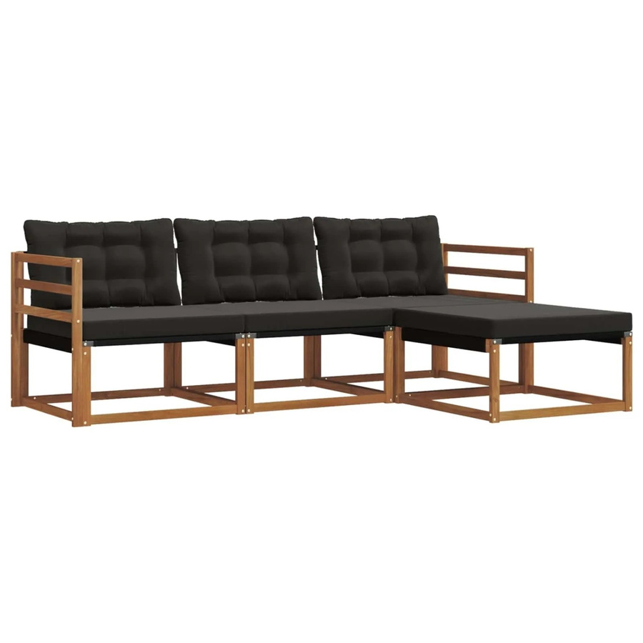 vidaXL Outdoor-Sofagarnitur L-Form aus Akazienholz mit Kissen und Ottoman, 4-teiliges Gartenmöbel-Set in Braun und Schwarz - Bild 2