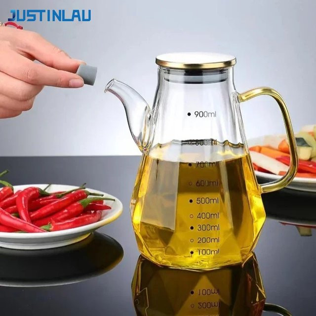 JUSTINLAU Glas-Ölbehälter mit Skala und Deckel, auslaufsichere Diamant-Ölflasche für Essig und Gewürze, transparent, 500 ml/700 ml/900 ml - Bild 1