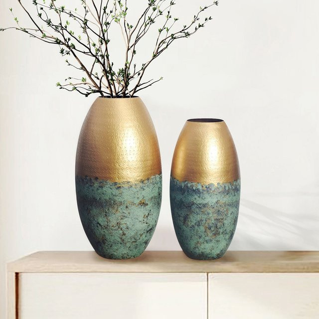 2er Set FineBuy Tischvasen aus Aluminium in Gold Patina, modern und punziert, rund - Bild 1
