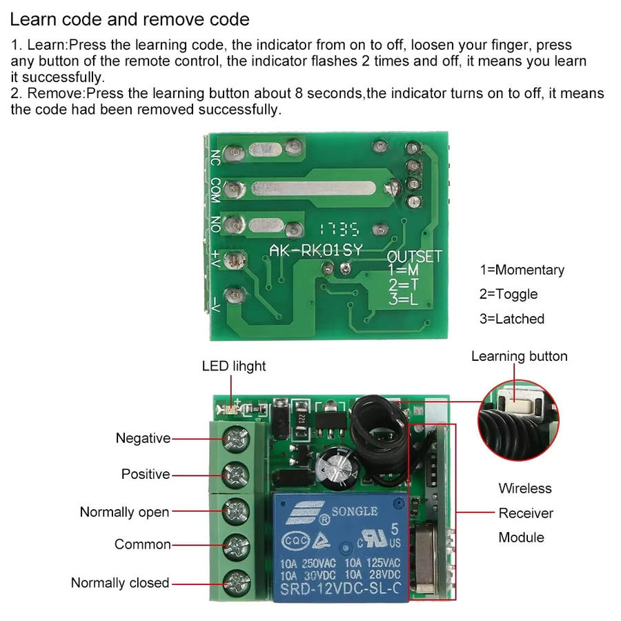CENTURY AOKE 433 MHz Fernbedienung Schalter mit 1CH Relais Modul Empfänger und Sender für DC12V 10A LED-Leuchten - Bild 2