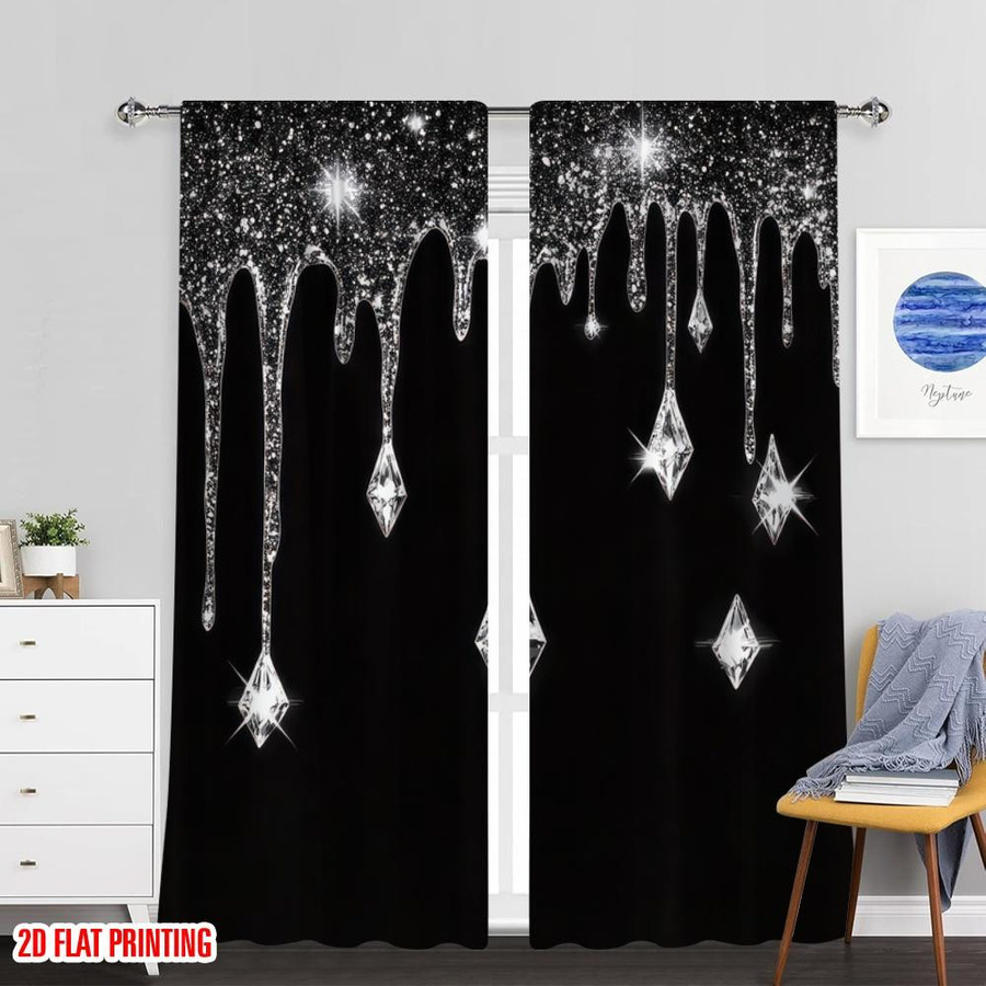 Tonnika Chen Vorhang Set mit glänzenden silbernen Wassertropfen in Silber, blickdicht, Polyester, Breite: 100 cm, Höhe: 70 cm - Bild 3