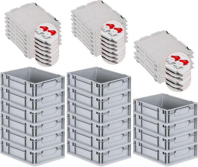 PROREGAL Spar Set 16x Eurobox Nextgen Economy mit Scharnierdeckel und roten Schiebeschnappverschlüssen, Grau, H x B x T: 12 x 30 x 40 cm, 11 Liter - Bild 1