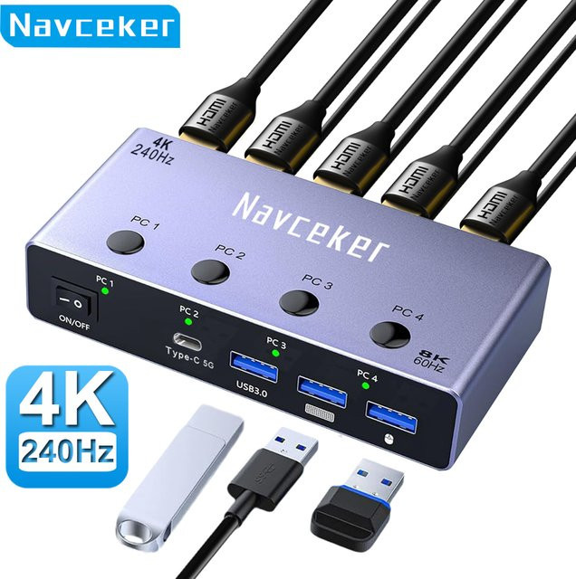 Navceker 4K 240Hz HDMI KVM Switcher mit 4 Ports für 4 PCs, 8K USB Docking Station zum Teilen von Monitor, Maus und Tastatur - Bild 1