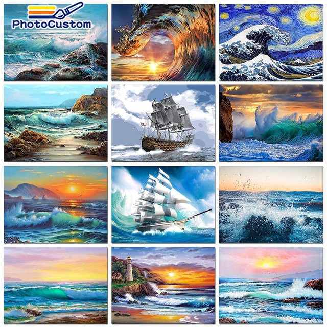 PhotoCustom Malen nach Zahlen für Erwachsene Meereslandschaft Acryl Wanddekoration DIY Set - Bild 1