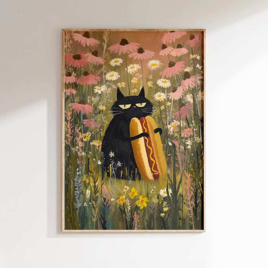 Kunstdruck SHENCHEN Verspielte schwarze Katze mit Hot Dog in Wildblumenfeld, mehrfarbige Wanddekoration im Cottagecore-Stil auf Papier - Bild 2