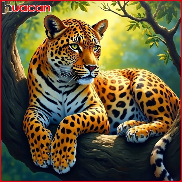 Huacan Rundes Diamantgemälde Leoparden im Baum als Tierkunst Dekoration, Mehrfarbig, Durchmesser: 20 cm - Bild 1