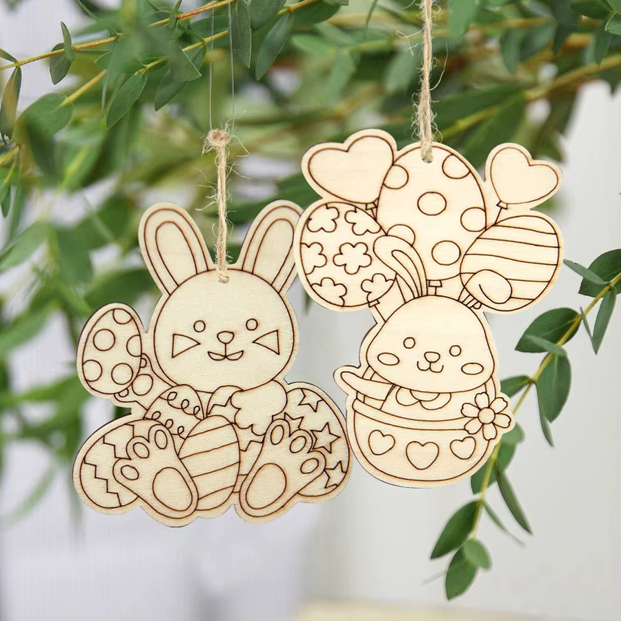 Tissy 10er Set Holz Kaninchen Anhänger in Beige als DIY Ostern Ei Dekoration für Kinder - Bild 2