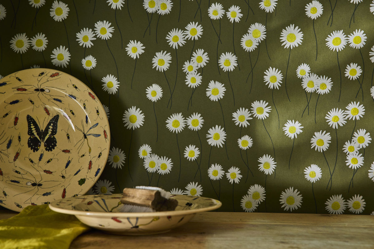 Little Greene Tapete Moon Daisies in Olive mit floralem Botanical-Design - Bild 2