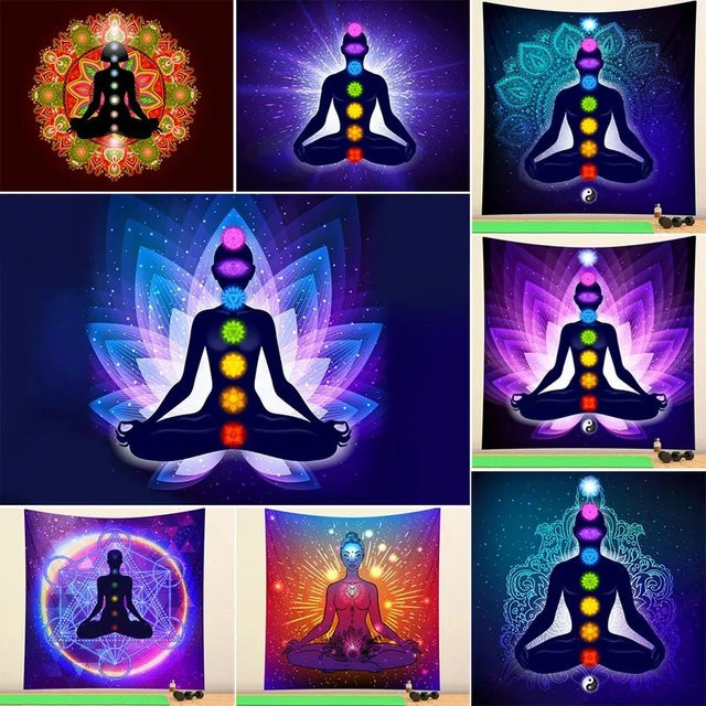 VIKAMA Chakra-Energie Wandteppich mit Mandala-Design in Multicolour, Boho-Stil Wandbehang für Yoga und Meditation, B: 150 cm, H: 150 cm - Bild 1