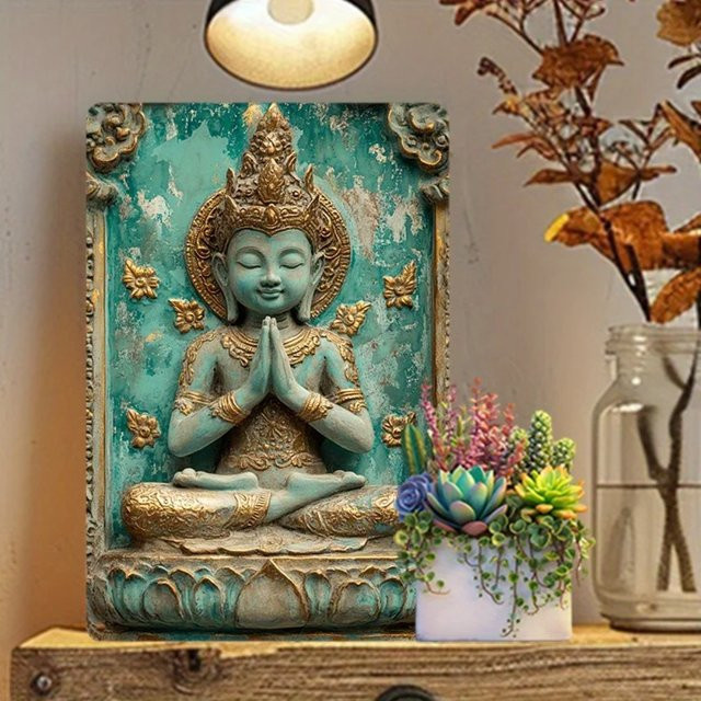 HELLOYOUNG Buddha Metall-Wandkunst in Türkis, Rechteckiges Aluminium-Blechschild für dein Zuhause oder Büro, B/H: 20 x 30 cm - Bild 1