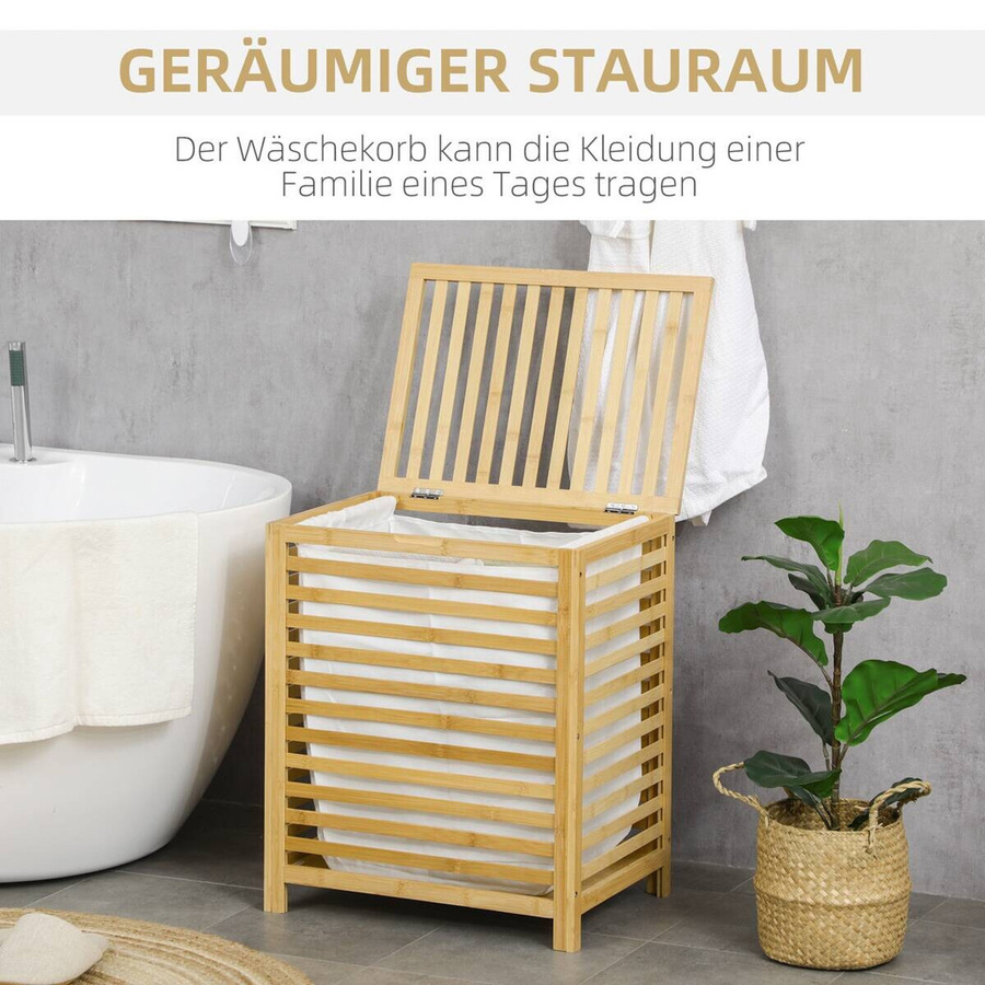HOMCOM Wäschekorb aus Bambus mit Deckel und entnehmbarem Wäschesack, Natur, B/T/H: 36 x 50 x 60 cm - Bild 3