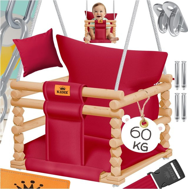 KIDIZ Babyschaukel aus Holz mit Polsterung und Sicherheitsgurt, höhenverstellbare Kinderschaukel für Indoor und Outdoor, bis 60 kg belastbar - Bild 1