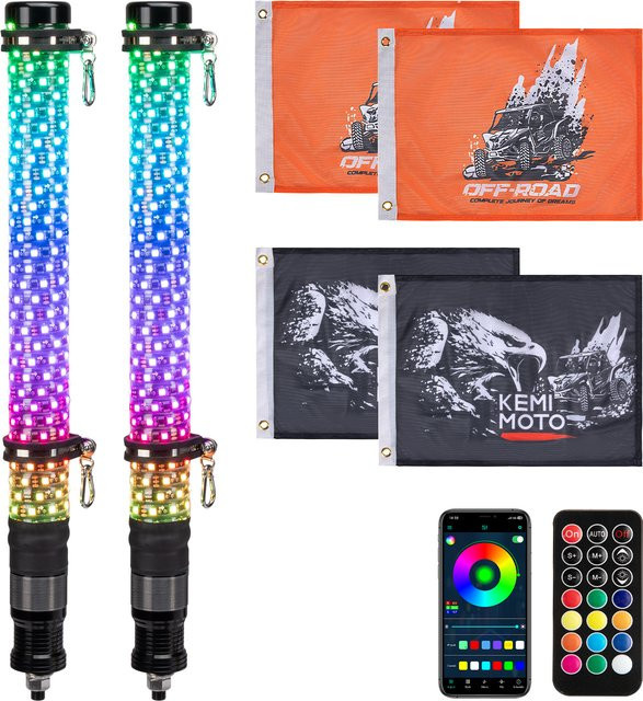 KEMIMOTO RGB Fat Whip Lights Wasserdichte Blinker mit Bluetooth-Fernbedienung in Schwarz für UTV ATV Can-Am, Auto, LKW und Golfwagen - Bild 1