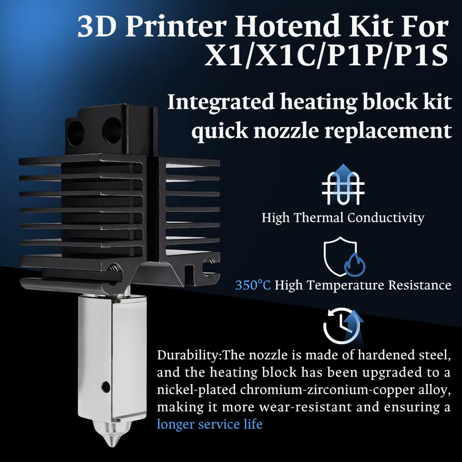 Bambu Lab Hotend Upgrade mit gehärteter Stahl-Düse für P1P, P1S, X1C und X1 Modelle in Schwarz - Bild 2