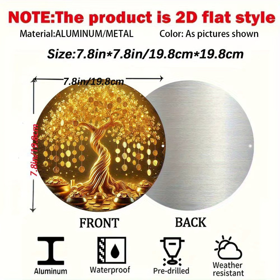 Potdemiel Wealth Tree Feng Shui Symbol Rundes Aluminium-Metallschild in Gold, Durchmesser: 20 cm - Bild 2