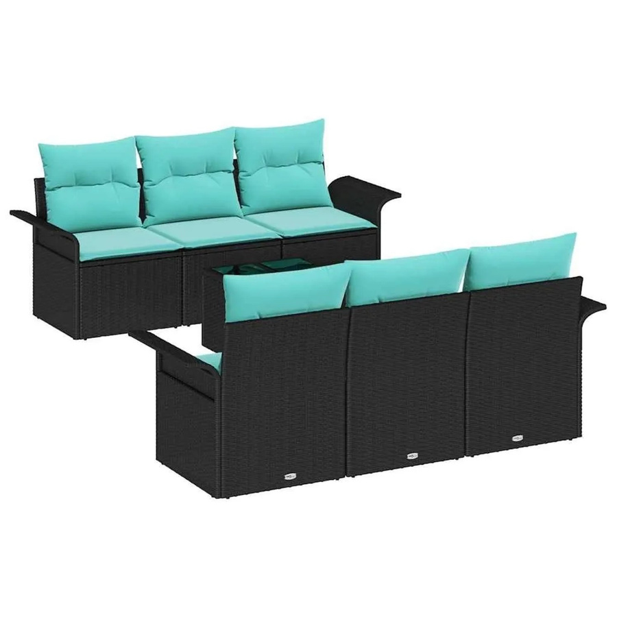 vidaXL Garten-Sofa-Set mit 7-teiligem Polster-Set in Schwarz und Türkis aus Poly-Rattan und pulverbeschichtetem Stahl - Bild 2