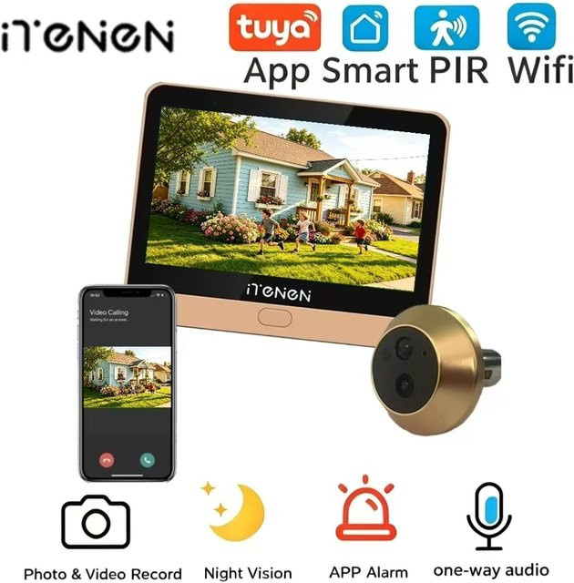 iTenen Digitaler WLAN Türspion mit 4,3 Zoll Display, 3,0 MP Kamera, 5000 mAh Akku, 140 Grad Weitwinkel, Nachtsicht und KI-Bewegungserkennung in Gold - Bild 1