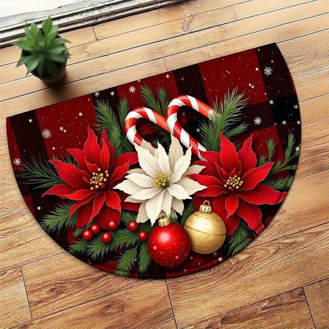 Halbkreisförmige Fußmatte von VIKAMA mit rotem und schwarzem Tartan-Weihnachtsstern zur Weihnachtsdekoration - Bild 1