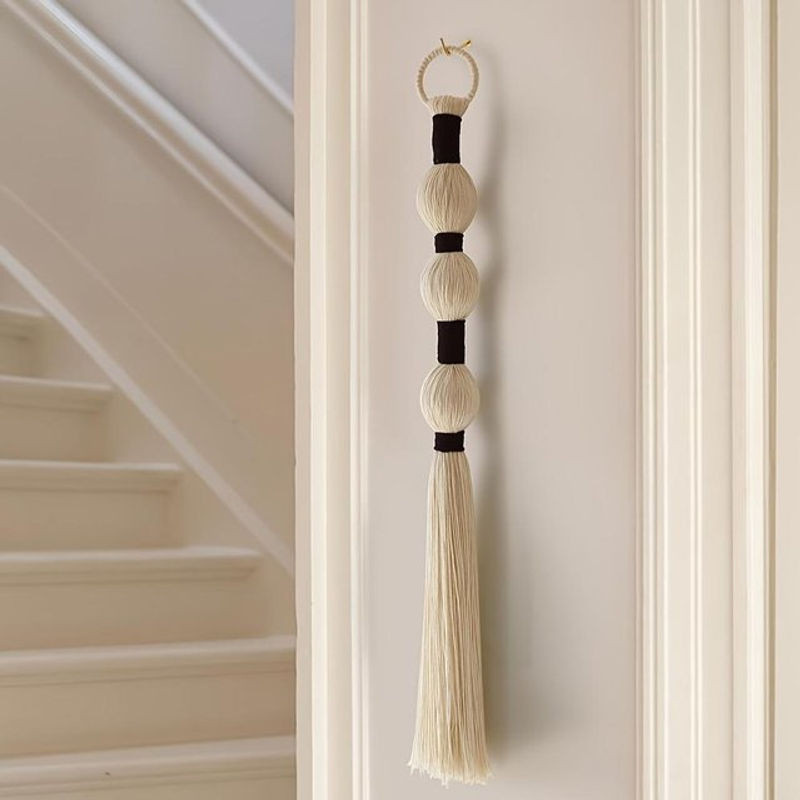 XYKK01 Wandbehang mit Fransen, handgewebte abstrakte Wanddekoration in Weiß, rund und minimalistisch aus Textil - Bild 1
