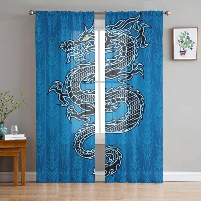 Chinesische Vorhänge mit schwarzem Drachen-Motiv in Blau, halbtransparente Organza-Gardinen aus Polyester, Breite: 135 cm, Höhe: 115 cm - Bild 1