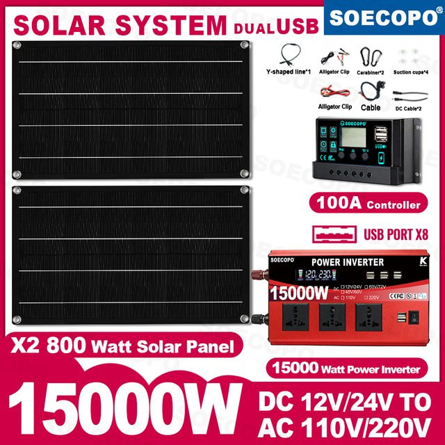 SOECOPO Balkonkraftanlage Photovoltaik-Kit mit 2 x 800 W Solarmodulen, DC 110 V/220 V Wechselrichter und 100 A Controller in Schwarz - Bild 1