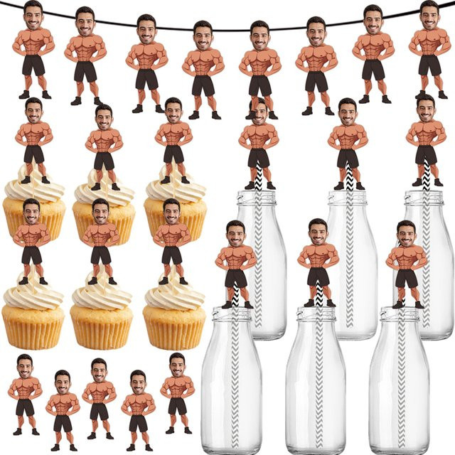 WEIGAO Geburtstagsdekorations-Set mit Cartoon-Muskelmann-Gesicht, Foto-Banner, Geschenkaufklebern und Kuchendekoration in Mehrfarbig - Bild 1