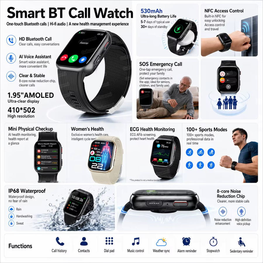GUHUAVMI Smartwatch mit EKG-Funktion und Airbag-Technologie zur Blutdruckmessung in Schwarz - Bild 5
