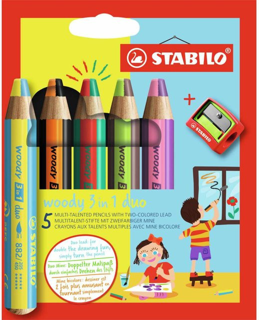 STABILO Woody Duo Buntstifte Set mit Spitzer im Etui, 5 Stück, Multicolour - Bild 1
