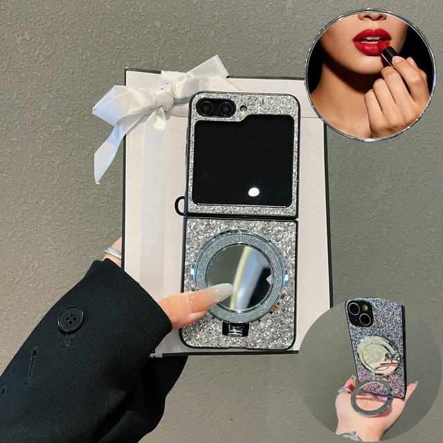 Luxuriöse Glitzer-Kunstleder-Handyhülle für Samsung Galaxy Z Flip 7 6 5 4 3 mit Make-up-Spiegel und Handyhalterung in Weiß und Silber - Bild 1