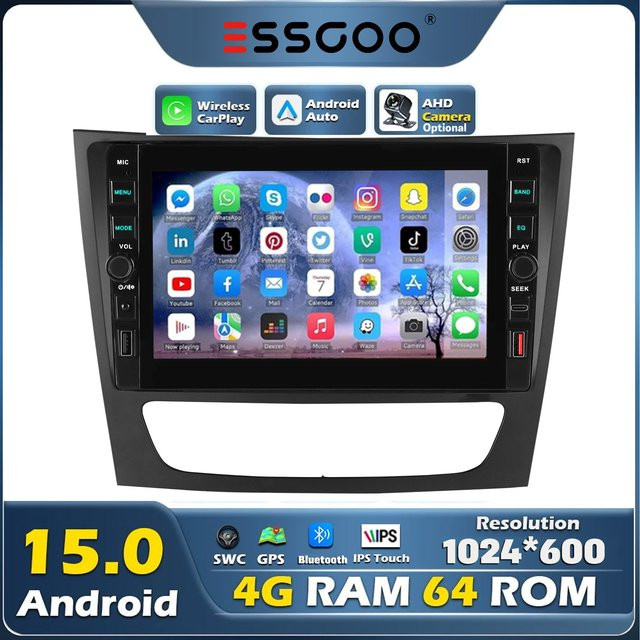 ESSGOO Android 15 Autoradio mit 8 Zoll Display, 4+64 GB Speicher, GPS, CarPlay, DAB+ und Kamera für Mercedes-Benz CLS/E-Klasse W211 W219, Schwarz - Bild 1