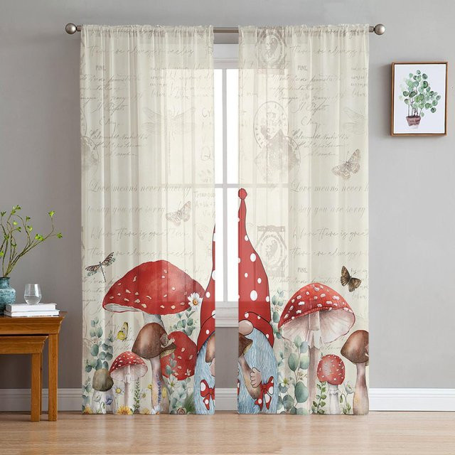 Transparente Tüll Vorhänge mit Pilz- und Blumenmuster in Weiß, B: 135 cm, H: 115 cm - Bild 1